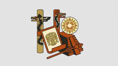 A collection of stylized icons including serpent-wrapped pillars, a sun disk, a scroll with a mask, and a stepped pyramid.
