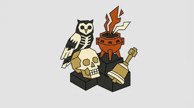 A stylized owl perched on a skull, a cauldron with flames, and a bell arranged on dark blocks.