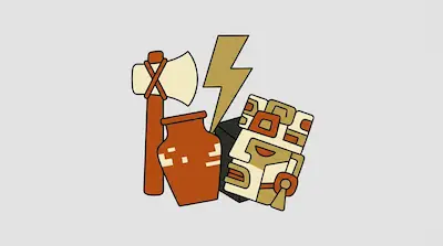 A stone axe, a clay pot, a lightning bolt, and a stylized stone mask with geometric patterns.