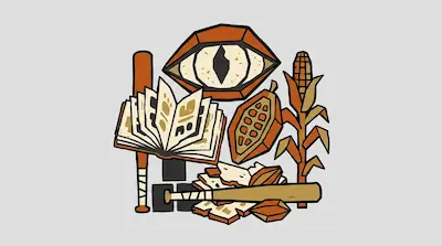 A stylized graphic featuring a large eye, an open book, baseball bats, a corn stalk, and a cacao pod.