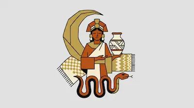 A person in a headdress holds a decorated vase, framed by a crescent moon, a patterned textile, and a coiled snake.