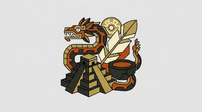 A stylized feathered serpent coils around a stepped pyramid, a large feather, and a stone bowl.
