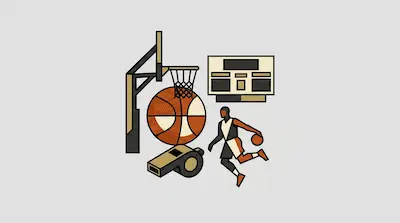 A basketball hoop, a large basketball, a scoreboard, a whistle, and a player dribbling a ball.