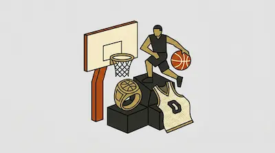 A basketball player dribbles a ball next to a hoop, a championship ring, and a jersey.