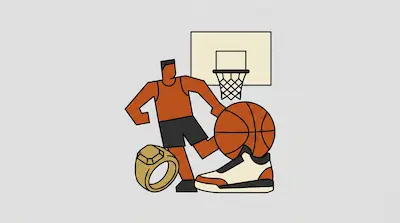 A stylized basketball player stands among a basketball, a championship ring, a sneaker, and a basketball hoop.