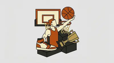 A stylized basketball player reaches for a hoop, surrounded by a large sneaker and a trophy on black blocks.