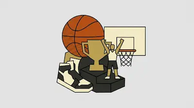 A large basketball, a trophy, a basketball hoop, a player on a podium, and a high-top sneaker.