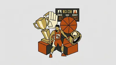 A basketball player in an orange jersey stands among a trophy, a basketball, a championship ring, and a scoreboard.