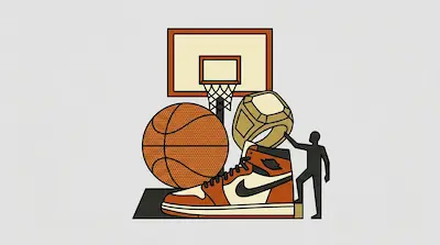 A basketball, a hoop, a championship ring, and a high-top sneaker are grouped together with a small human figure.