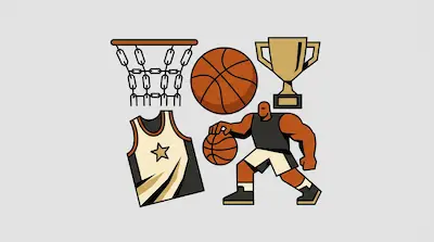 Flat illustration of a muscular basketball player, a gold trophy, a chain net hoop, and a jersey on a gray background