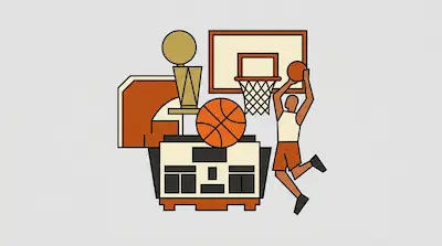 A basketball player jumps for a shot next to a hoop, a trophy, a scoreboard, and a basketball.