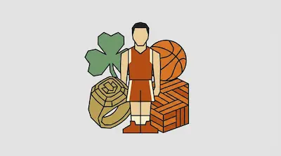 A basketball player stands surrounded by a shamrock, a basketball, a gold ring, and a parquet floor pattern.