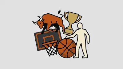 A brown bull, a gold trophy, a basketball, a hoop, and a white human figure are clustered together.