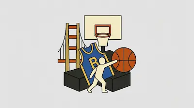 A stylized collage of the Golden Gate Bridge, a basketball hoop, a blue jersey with a yellow letter B, and a person holding a basketball.