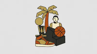 A palm tree, a basketball player bust, a basketball, a high-top sneaker, and a trophy are arranged in a stylized graphic.