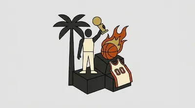 A person stands on a podium holding a trophy next to a palm tree, a flaming basketball, and a basketball jersey.