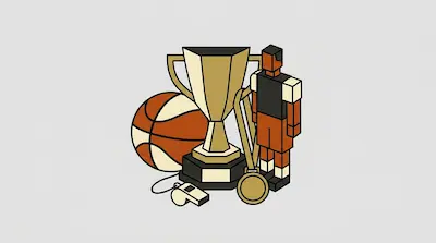 A basketball, a trophy, a blocky human figure, a medal, and a whistle grouped together.