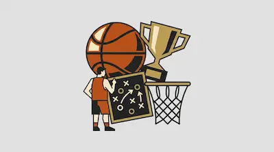 A basketball player points at a strategy board next to a large basketball, a trophy, and a hoop.