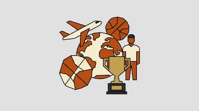 A collection of icons including an airplane, a globe, two basketballs, a trophy, and a person.