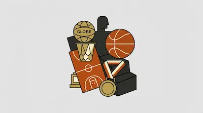 A graphic featuring a globe trophy, a basketball, a court, and a medal in front of a dark silhouette.