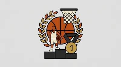 A basketball player stands on a podium next to a gold medal, with a basketball, hoop, and laurel wreath in the background.