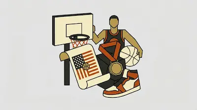 A stylized basketball player stands behind a hoop, a basketball, a high-top sneaker, a medal, and a scroll with an American flag.