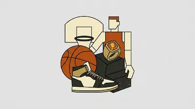 A basketball, a high-top sneaker, a championship ring, and a stylized figure in a jersey are grouped in front of a basketball hoop.