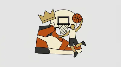 A geometric illustration of a basketball player dunking a ball into a hoop, set against a large high-top sneaker and a gold crown.