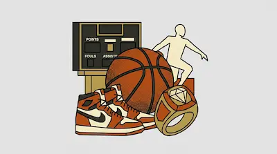 A collection of basketball-related items including a scoreboard, a basketball, high-top sneakers, a championship ring, and a stylized human figure.