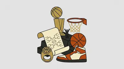 A collection of basketball items including a trophy, hoop, ball, sneaker, championship ring, and tournament bracket.
