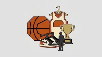 A basketball, a jersey on a hanger, a high-top sneaker, and a trophy are grouped together with a small silhouette of a person standing in front.