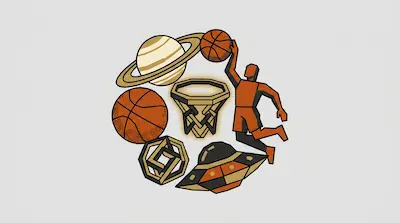 A circular arrangement of basketball and space-themed icons, including a player dunking, a hoop, Saturn, and a UFO.