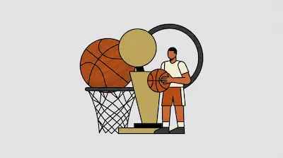 A stylized basketball player holds a ball beside a gold trophy, a hoop, and a large basketball.