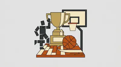 A large gold trophy, a basketball, and a hoop stand on a wooden court floor next to a blocky human figure.