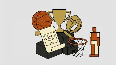 A basketball, trophy, championship ring, hoop, and court diagram are grouped on a tiered pedestal next to a blocky figure.