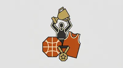 A person holds a trophy above their head, surrounded by a basketball, a sports jersey, and a medal.
