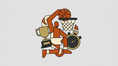A geometric basketball player dunks a ball into a hoop, surrounded by a trophy and a stopwatch.