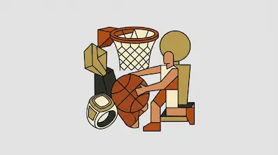 A stylized basketball player holding a basketball, surrounded by a hoop, a championship ring, and an award.