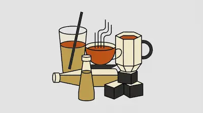 A collection of stylized drink containers, including a tall glass with a straw, a steaming cup, a mug, and bottles.