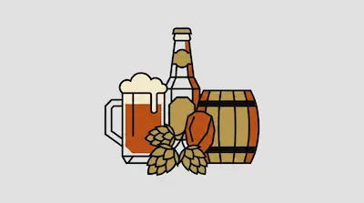 A beer mug, a bottle, a wooden barrel, and hops in a stylized graphic design.