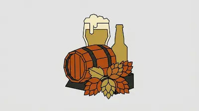 A wooden barrel, a glass of beer with foam, a bottle, and hops in a stylized geometric design.