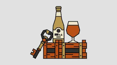 A beer bottle, a glass of beer, and a key-shaped bottle opener on a wooden crate.