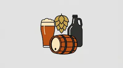 Flat illustration of a beer glass, a wooden barrel, a hop cone, and a dark growler bottle on a light gray background