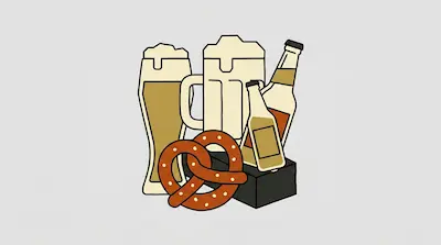 A tall glass of beer, a large beer mug, two beer bottles, and a pretzel.