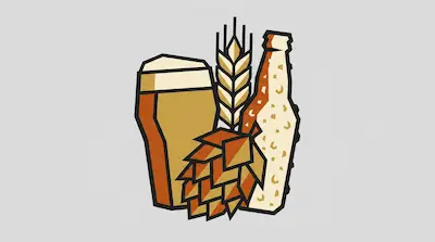 A geometric graphic featuring a glass of beer, a hop cone, a stalk of wheat, and a bottle.