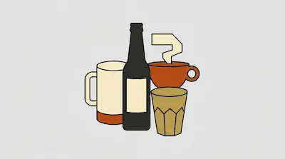 Flat illustration of a dark bottle, a mug, and a steaming coffee cup with thick black outlines on a grey background