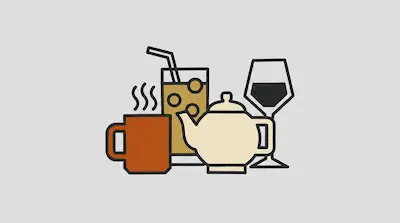 Flat illustration of a steaming mug, a tall glass with a straw, a teapot, and a wine glass on a gray background