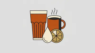 Flat illustration of a tall glass of tea, a steaming mug of coffee, a lemon slice, and a milk drop on a gray background