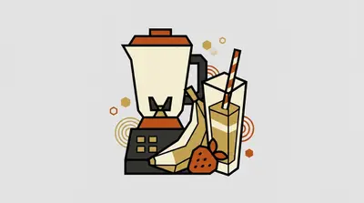 A blender with buttons on its base, a peeled banana, a strawberry, and a tall glass with a striped straw.
