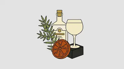 A bottle and a glass on a pedestal are accompanied by a juniper branch and a slice of orange.